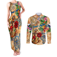 Saint Martin Couples Matching Tank Maxi Dress and Long Sleeve Button Shirt Geographic Coordinate Anchor - Turlte Tropical