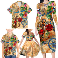 Saint Martin Family Matching Long Sleeve Bodycon Dress and Hawaiian Shirt Geographic Coordinate Anchor - Turlte Tropical