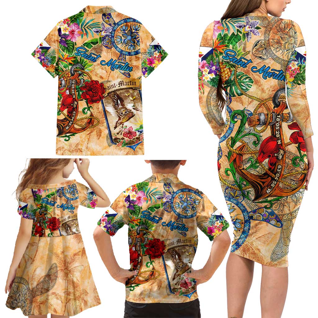 Saint Martin Family Matching Long Sleeve Bodycon Dress and Hawaiian Shirt Geographic Coordinate Anchor - Turlte Tropical