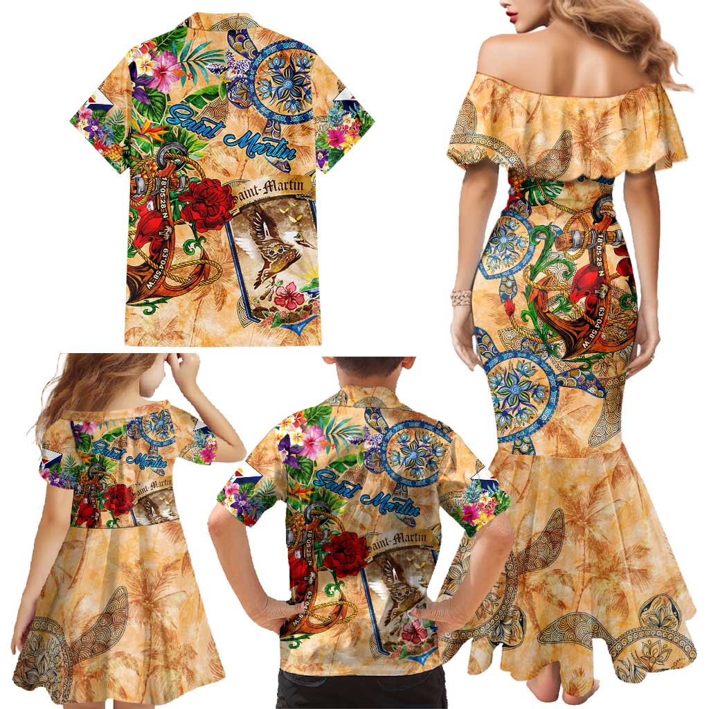 Saint Martin Family Matching Mermaid Dress and Hawaiian Shirt Geographic Coordinate Anchor - Turlte Tropical