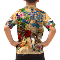 Saint Martin Family Matching Off The Shoulder Long Sleeve Dress and Hawaiian Shirt Geographic Coordinate Anchor - Turlte Tropical