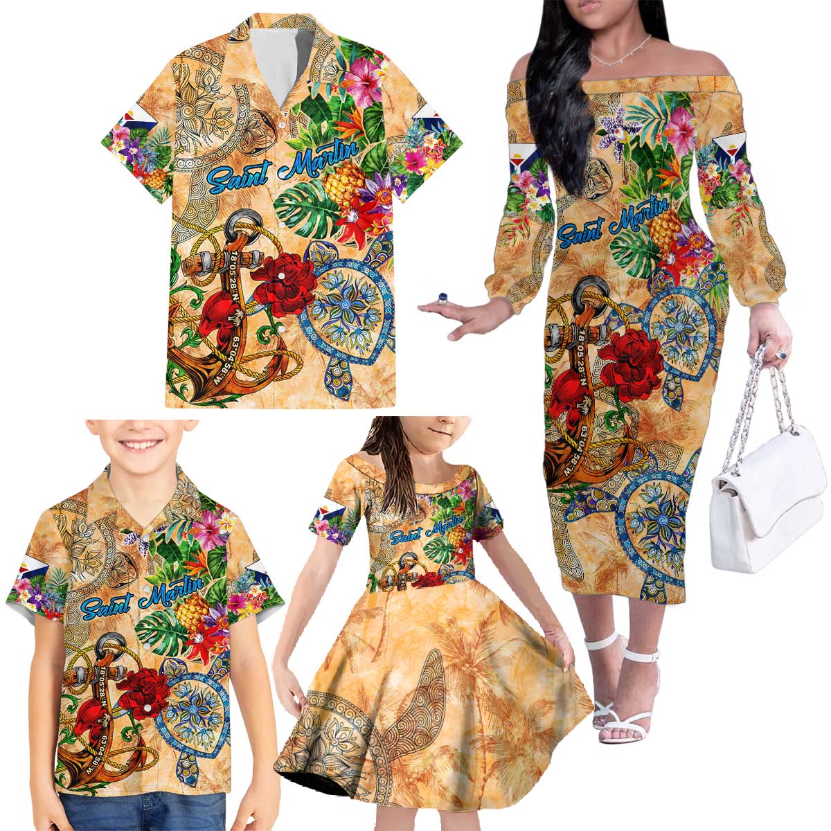 Saint Martin Family Matching Off The Shoulder Long Sleeve Dress and Hawaiian Shirt Geographic Coordinate Anchor - Turlte Tropical