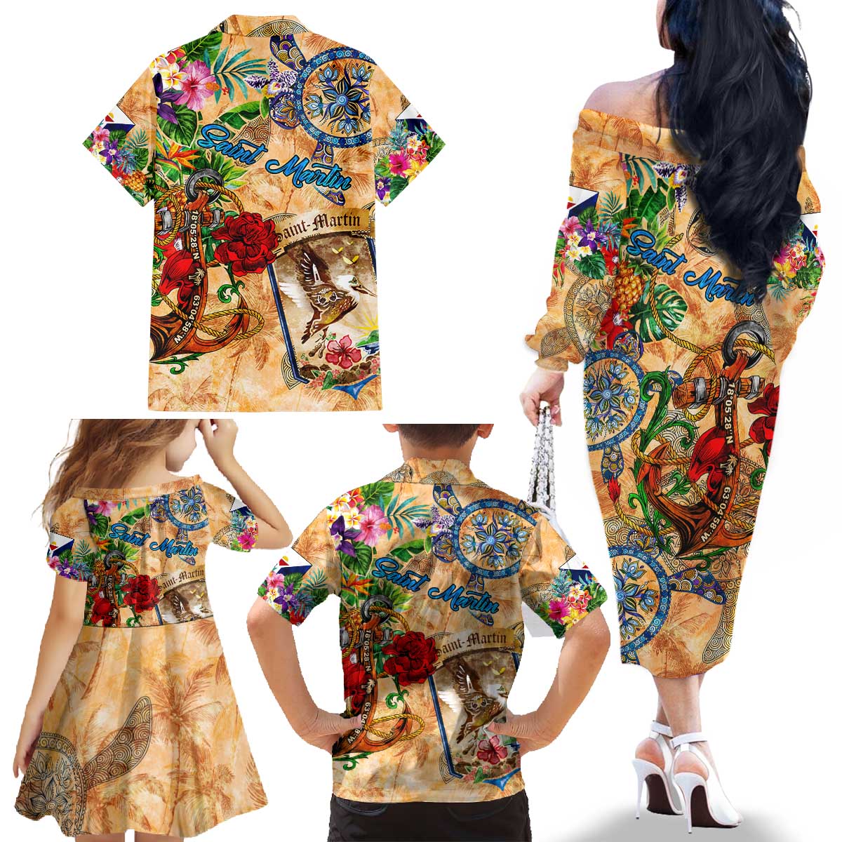 Saint Martin Family Matching Off The Shoulder Long Sleeve Dress and Hawaiian Shirt Geographic Coordinate Anchor - Turlte Tropical