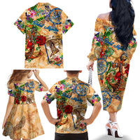 Saint Martin Family Matching Off The Shoulder Long Sleeve Dress and Hawaiian Shirt Geographic Coordinate Anchor - Turlte Tropical