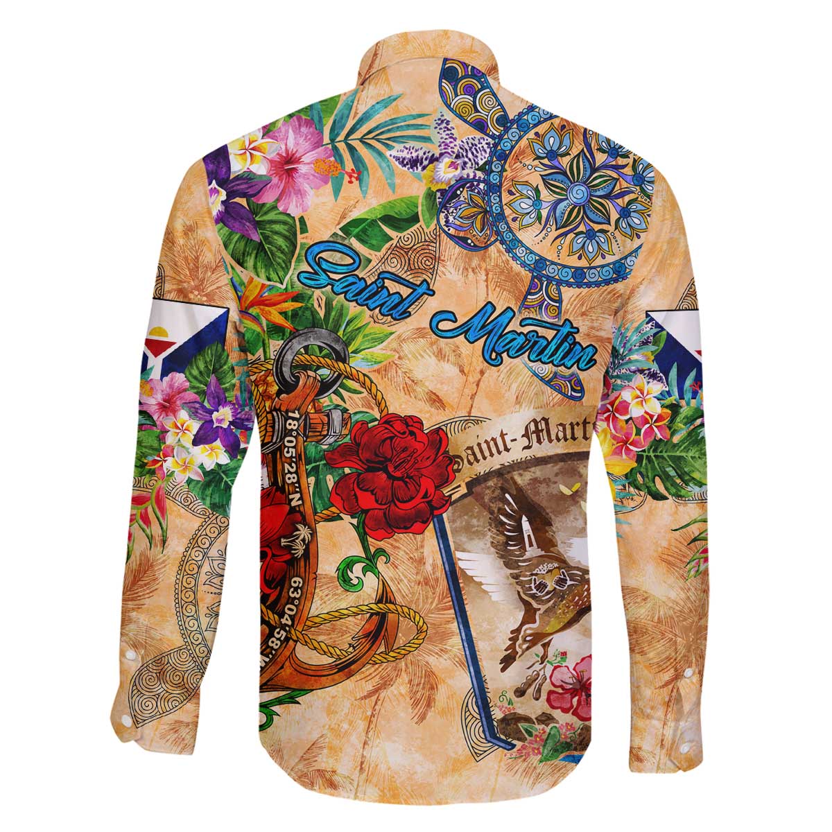 Saint Martin Family Matching Off The Shoulder Long Sleeve Dress and Hawaiian Shirt Geographic Coordinate Anchor - Turlte Tropical