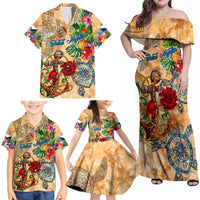 Saint Martin Family Matching Off Shoulder Maxi Dress and Hawaiian Shirt Geographic Coordinate Anchor - Turlte Tropical