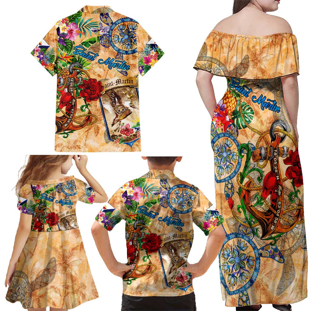 Saint Martin Family Matching Off Shoulder Maxi Dress and Hawaiian Shirt Geographic Coordinate Anchor - Turlte Tropical