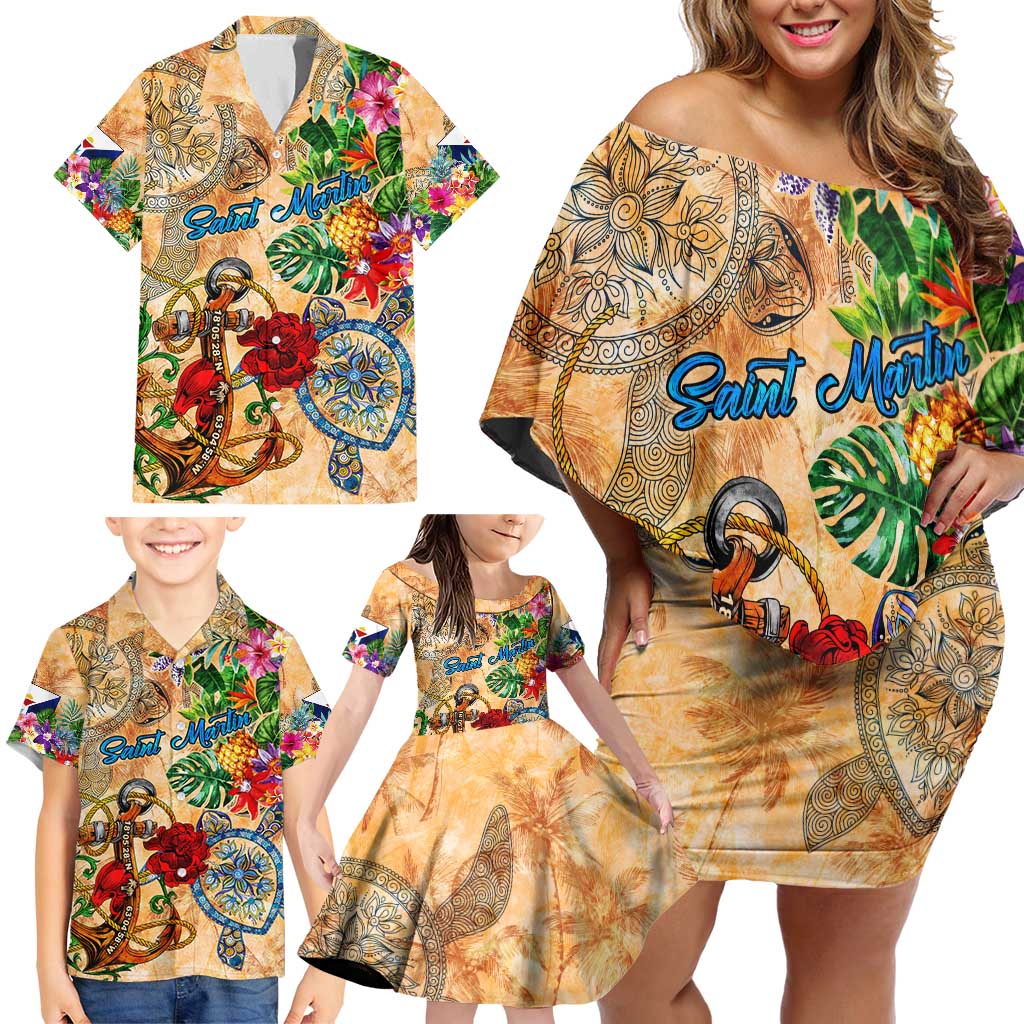 Saint Martin Family Matching Off Shoulder Short Dress and Hawaiian Shirt Geographic Coordinate Anchor - Turlte Tropical