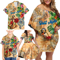 Saint Martin Family Matching Off Shoulder Short Dress and Hawaiian Shirt Geographic Coordinate Anchor - Turlte Tropical