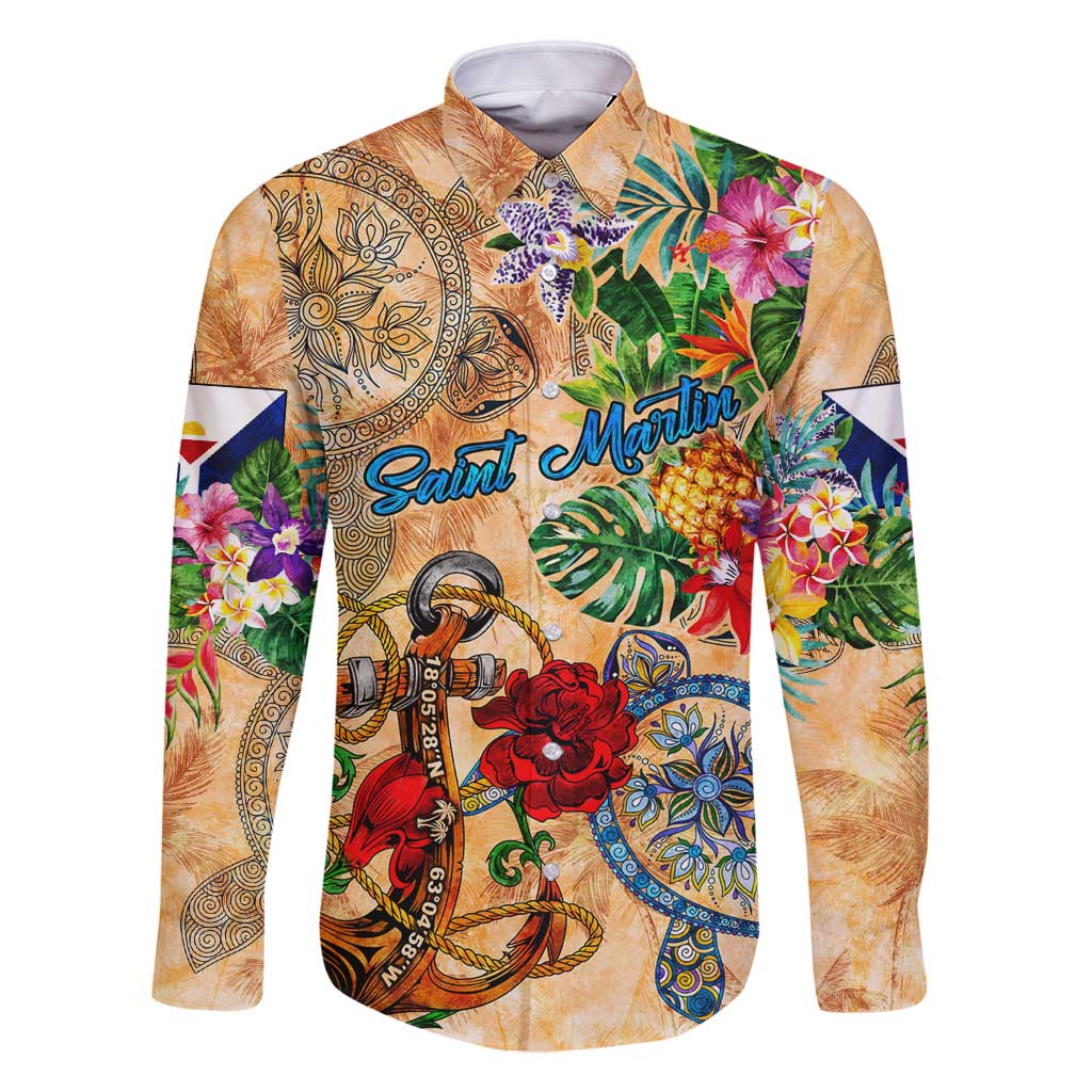 Saint Martin Family Matching Off Shoulder Short Dress and Hawaiian Shirt Geographic Coordinate Anchor - Turlte Tropical