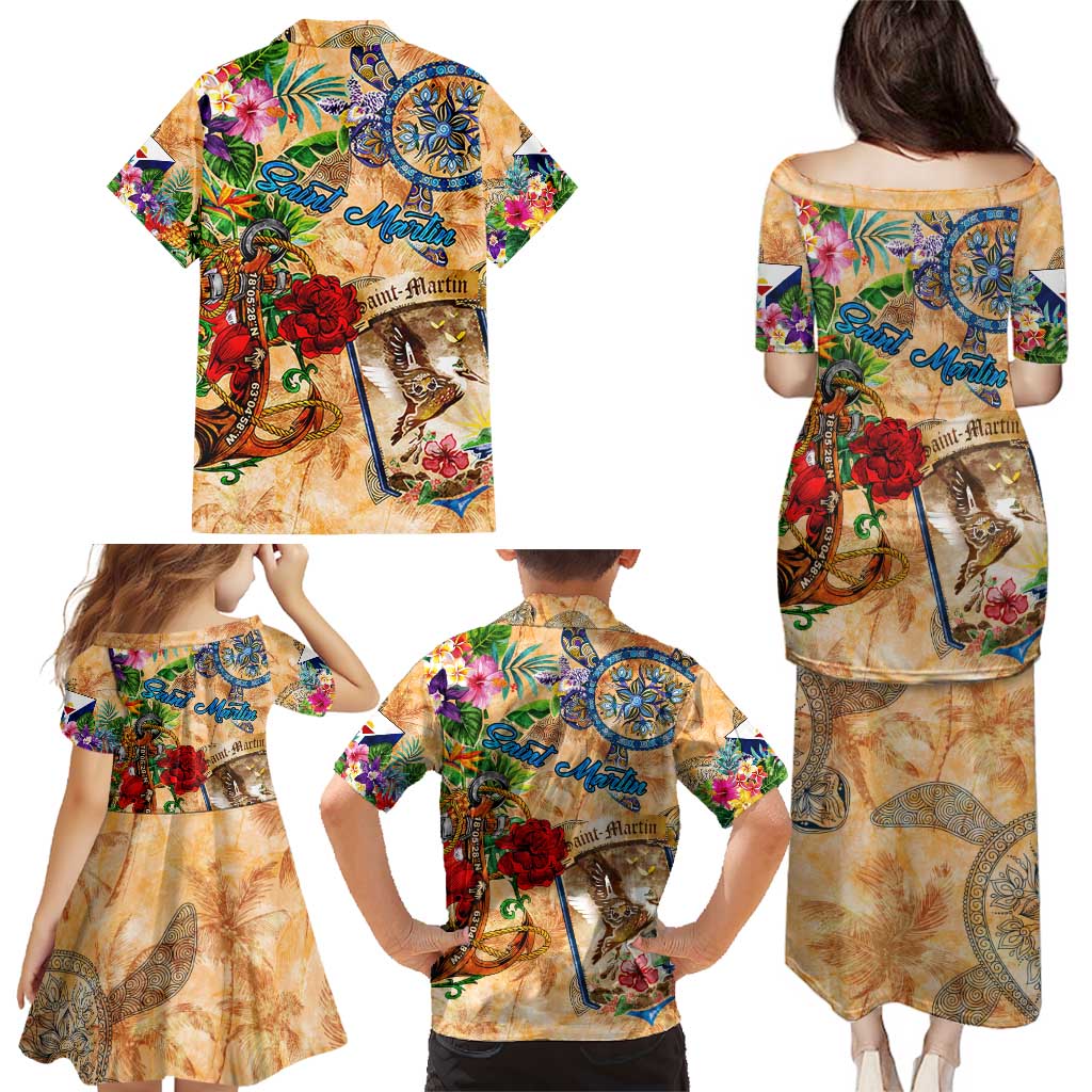 Saint Martin Family Matching Puletasi and Hawaiian Shirt Geographic Coordinate Anchor - Turlte Tropical