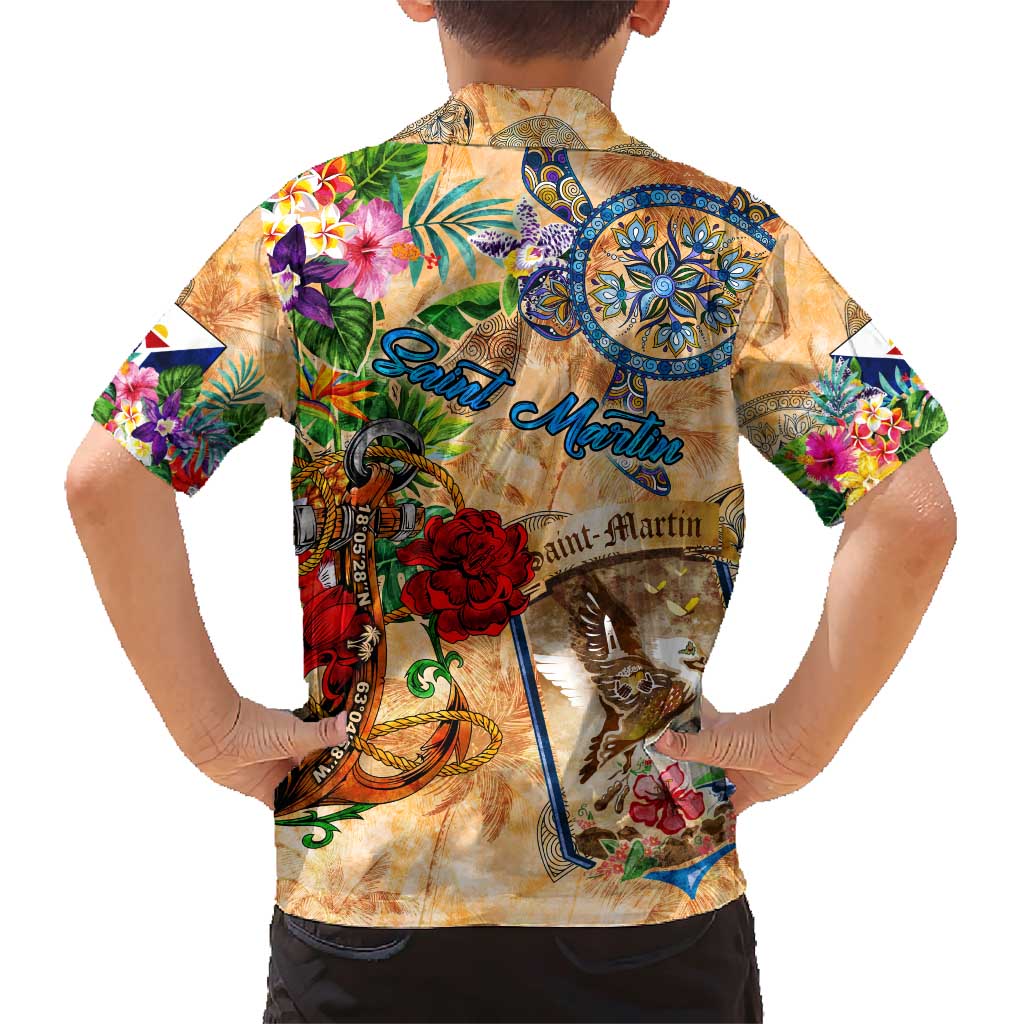 Saint Martin Family Matching Short Sleeve Bodycon Dress and Hawaiian Shirt Geographic Coordinate Anchor - Turlte Tropical