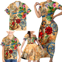 Saint Martin Family Matching Short Sleeve Bodycon Dress and Hawaiian Shirt Geographic Coordinate Anchor - Turlte Tropical