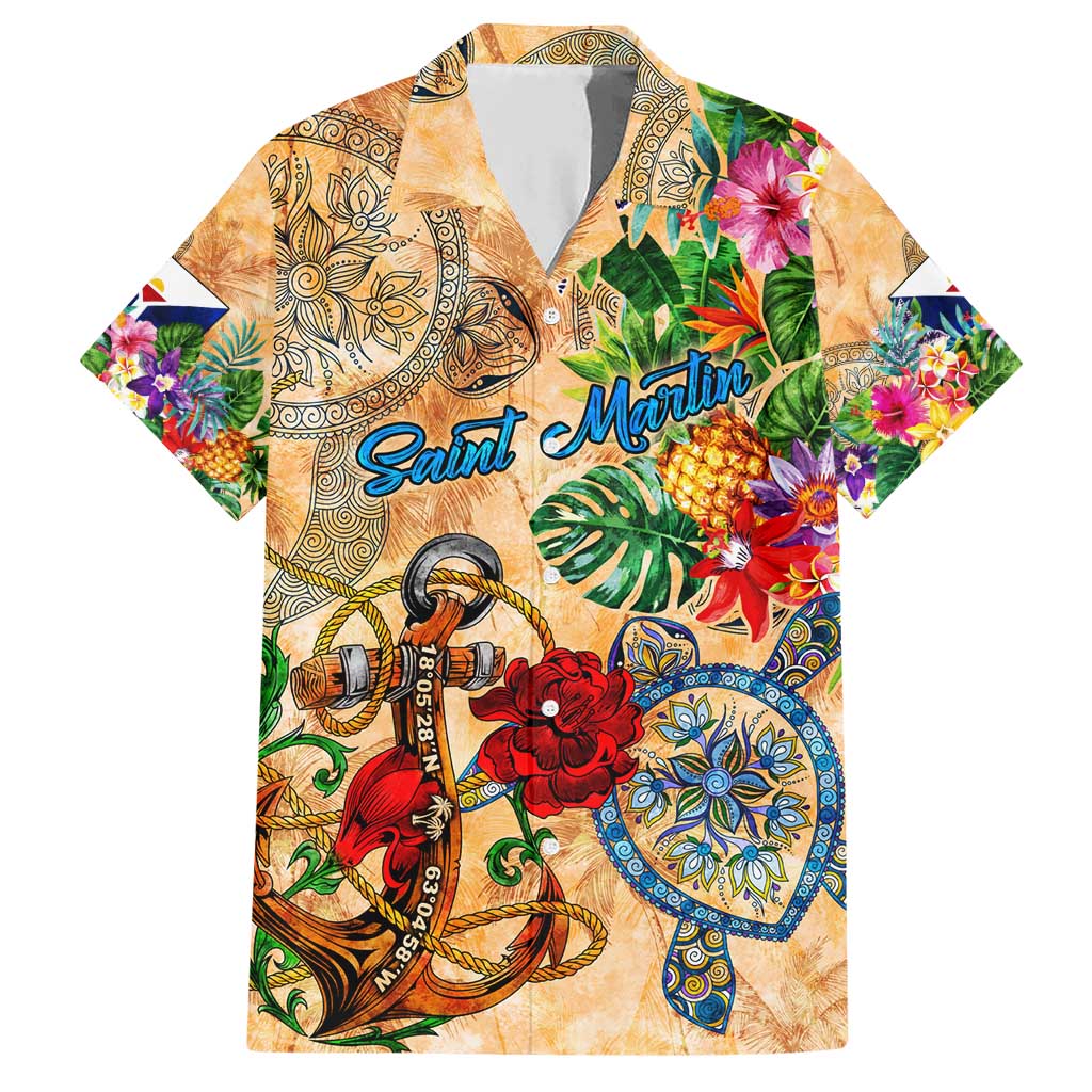 Saint Martin Family Matching Short Sleeve Bodycon Dress and Hawaiian Shirt Geographic Coordinate Anchor - Turlte Tropical