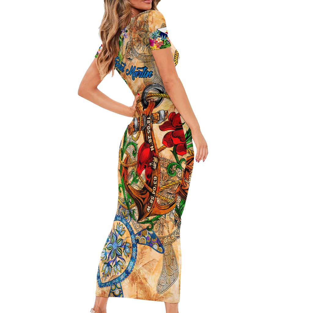 Saint Martin Family Matching Short Sleeve Bodycon Dress and Hawaiian Shirt Geographic Coordinate Anchor - Turlte Tropical