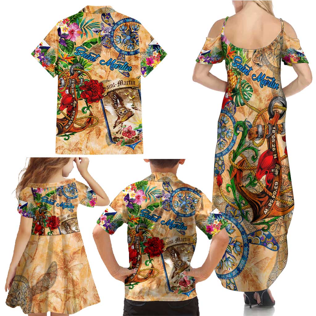 Saint Martin Family Matching Summer Maxi Dress and Hawaiian Shirt Geographic Coordinate Anchor - Turlte Tropical