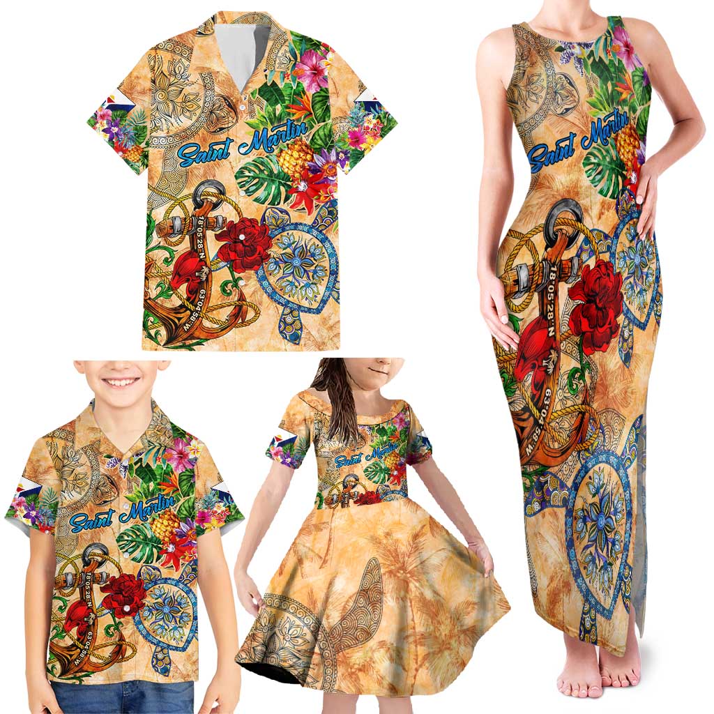 Saint Martin Family Matching Tank Maxi Dress and Hawaiian Shirt Geographic Coordinate Anchor - Turlte Tropical