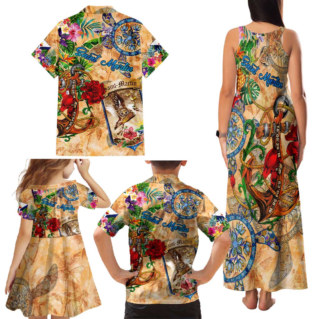 Saint Martin Family Matching Tank Maxi Dress and Hawaiian Shirt Geographic Coordinate Anchor - Turlte Tropical