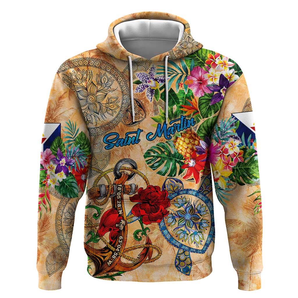 Saint Martin Hoodie Geographic Coordinate Anchor - Turlte Tropical