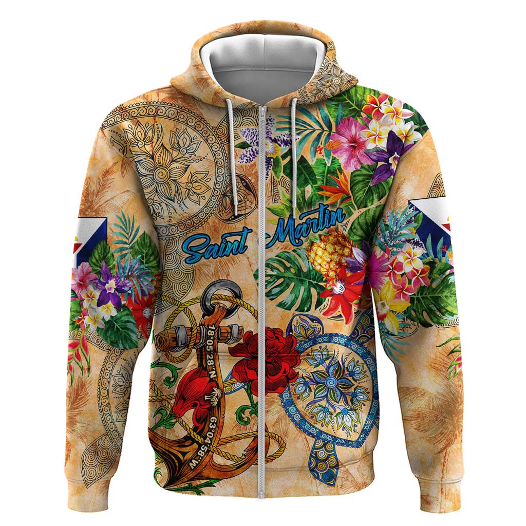 Saint Martin Hoodie Geographic Coordinate Anchor - Turlte Tropical