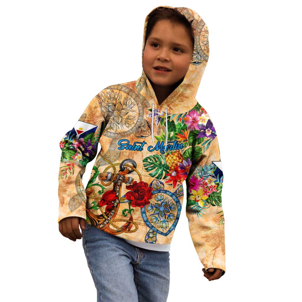 Saint Martin Kid Hoodie Geographic Coordinate Anchor - Turlte Tropical