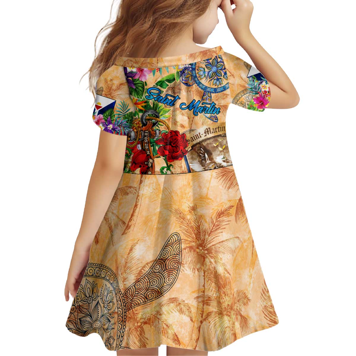 Saint Martin Kid Short Sleeve Dress Geographic Coordinate Anchor - Turlte Tropical