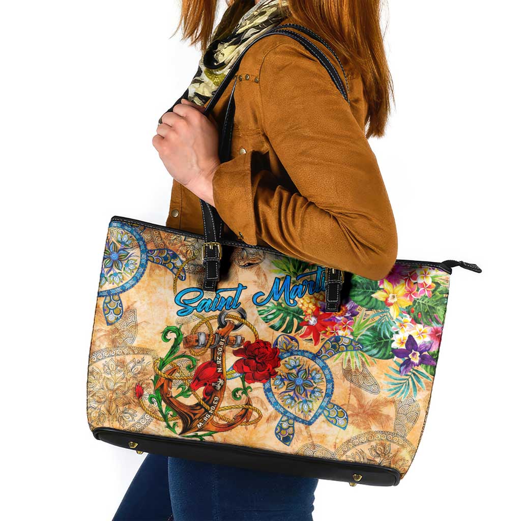 Saint Martin Leather Tote Bag Geographic Coordinate Anchor - Turlte Tropical