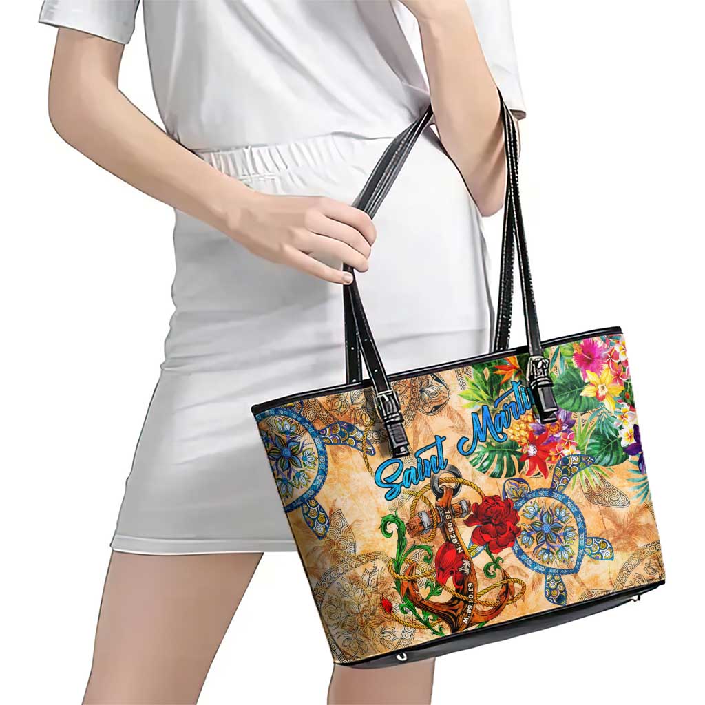 Saint Martin Leather Tote Bag Geographic Coordinate Anchor - Turlte Tropical