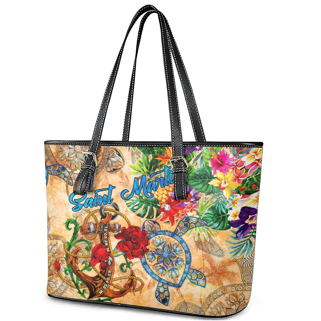 Saint Martin Leather Tote Bag Geographic Coordinate Anchor - Turlte Tropical