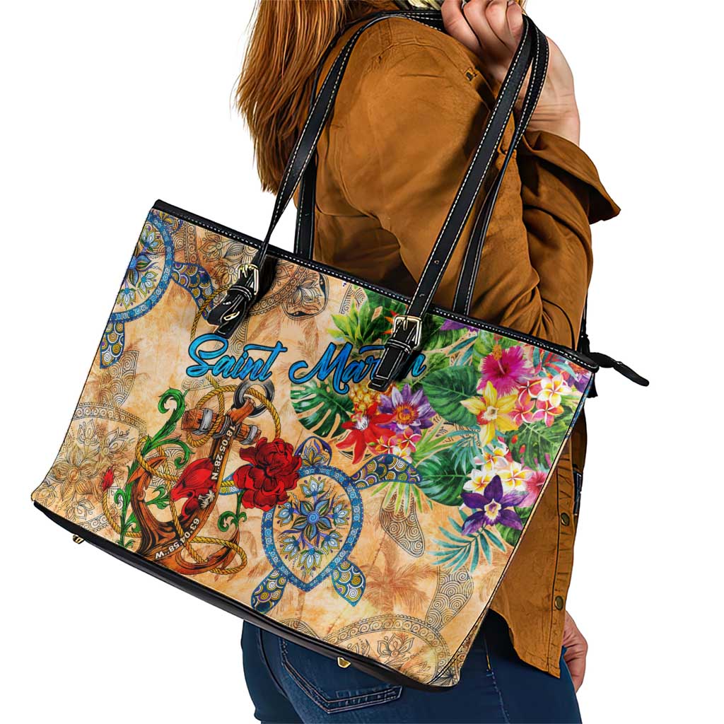 Saint Martin Leather Tote Bag Geographic Coordinate Anchor - Turlte Tropical