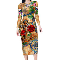 Saint Martin Long Sleeve Bodycon Dress Geographic Coordinate Anchor - Turlte Tropical