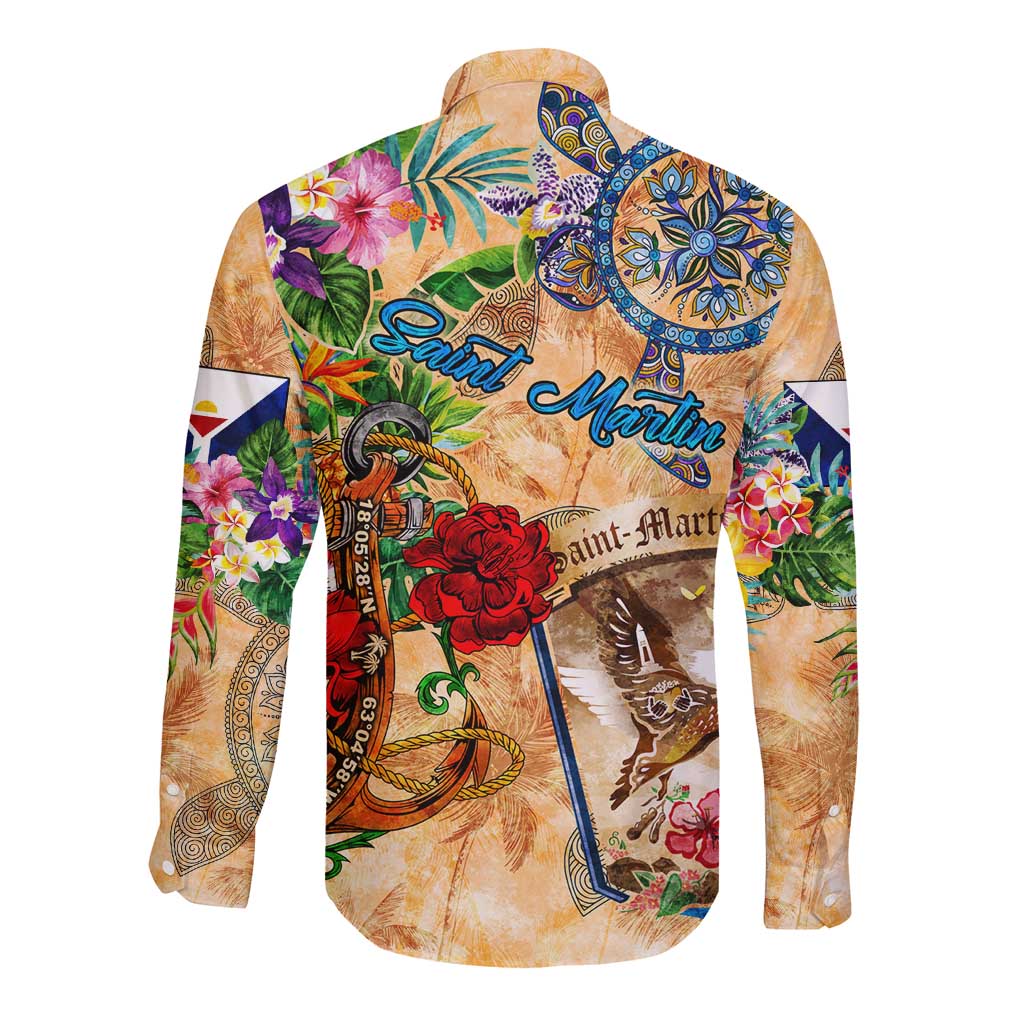Saint Martin Long Sleeve Button Shirt Geographic Coordinate Anchor - Turlte Tropical