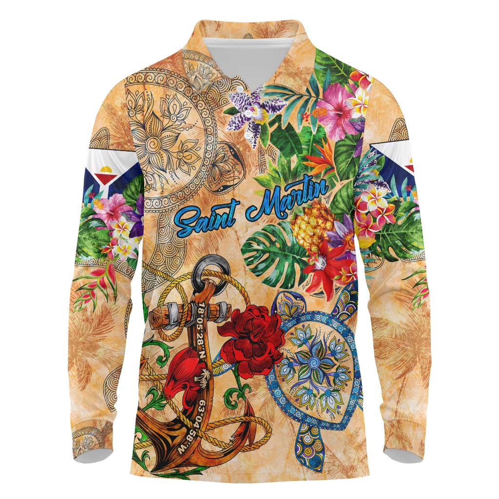 Saint Martin Long Sleeve Polo Shirt Geographic Coordinate Anchor - Turlte Tropical