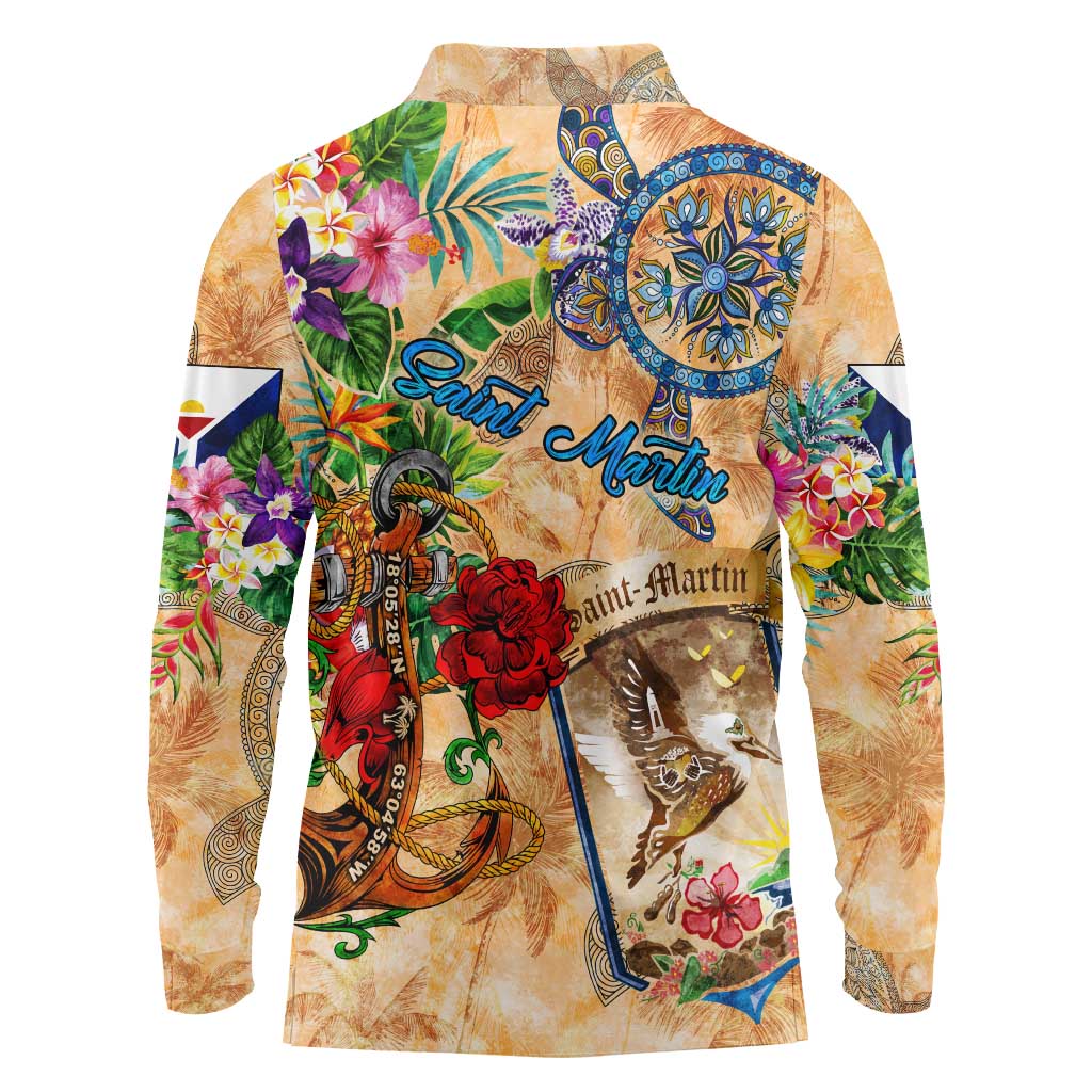 Saint Martin Long Sleeve Polo Shirt Geographic Coordinate Anchor - Turlte Tropical