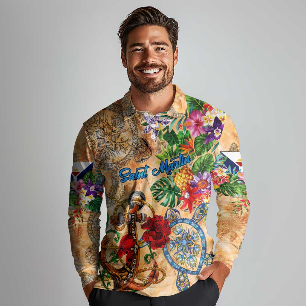 Saint Martin Long Sleeve Polo Shirt Geographic Coordinate Anchor - Turlte Tropical