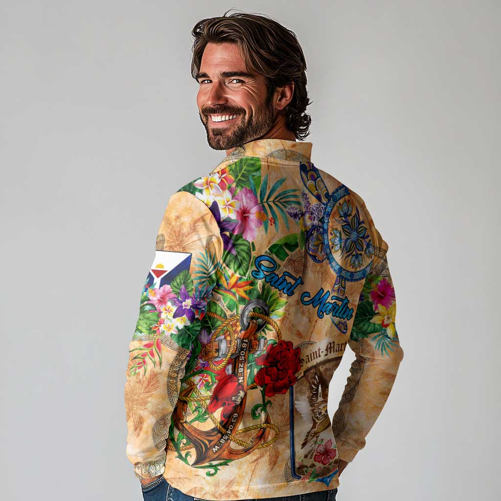 Saint Martin Long Sleeve Polo Shirt Geographic Coordinate Anchor - Turlte Tropical