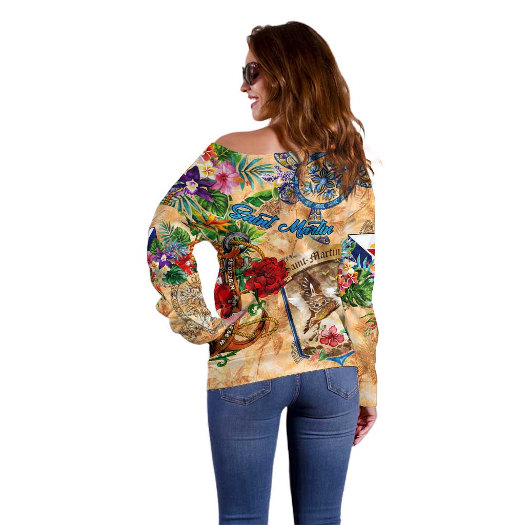 Saint Martin Off Shoulder Sweater Geographic Coordinate Anchor - Turlte Tropical