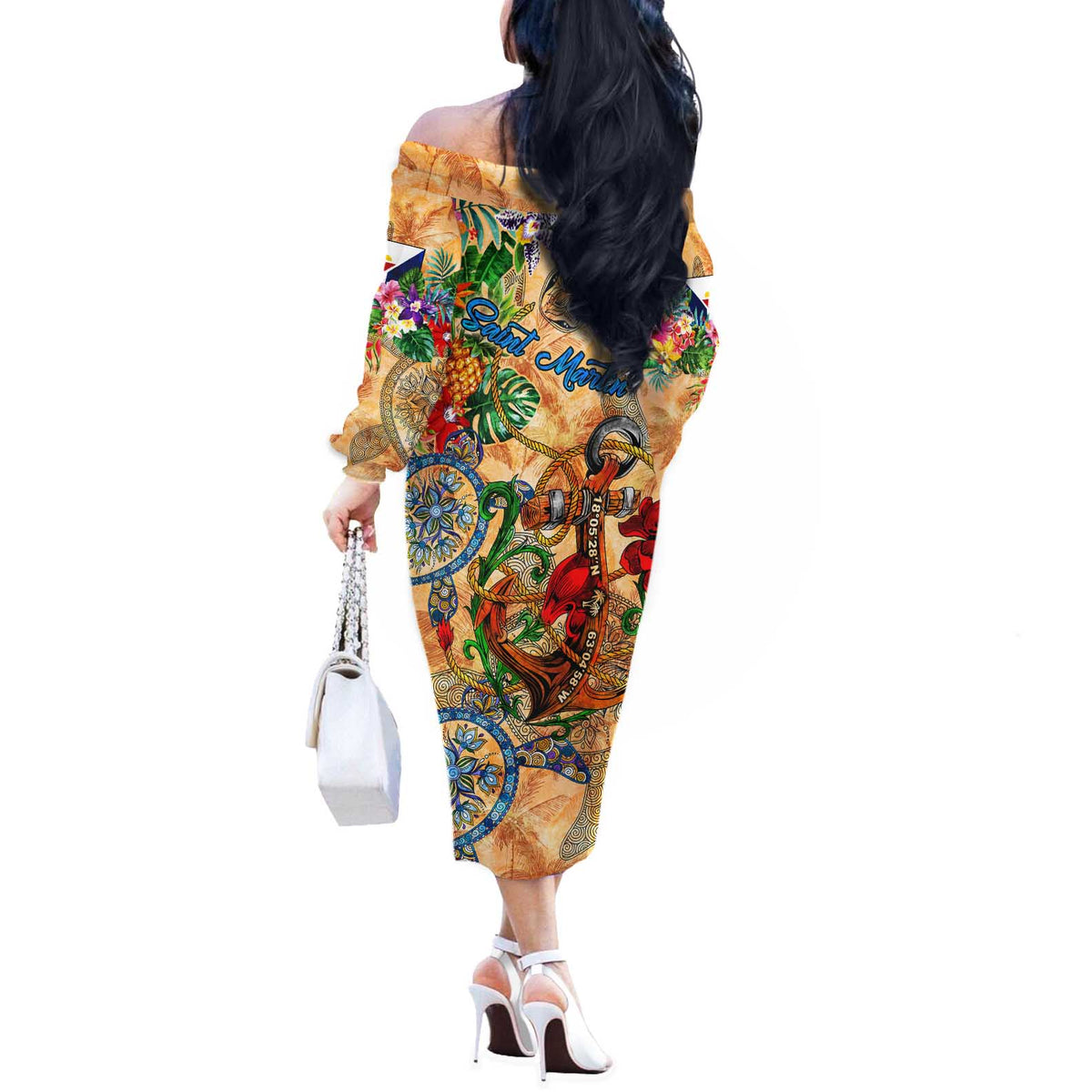 Saint Martin Off The Shoulder Long Sleeve Dress Geographic Coordinate Anchor - Turlte Tropical