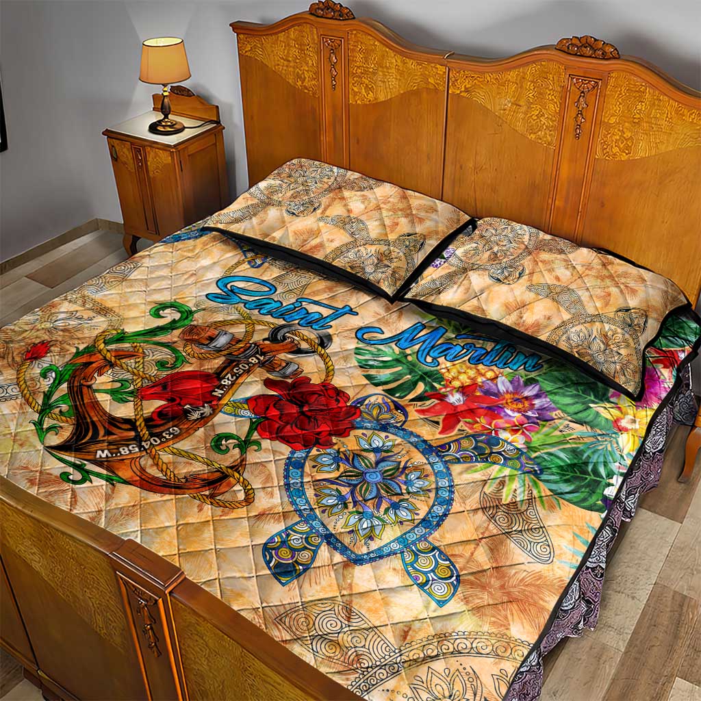 Saint Martin Quilt Bed Set Geographic Coordinate Anchor - Turlte Tropical