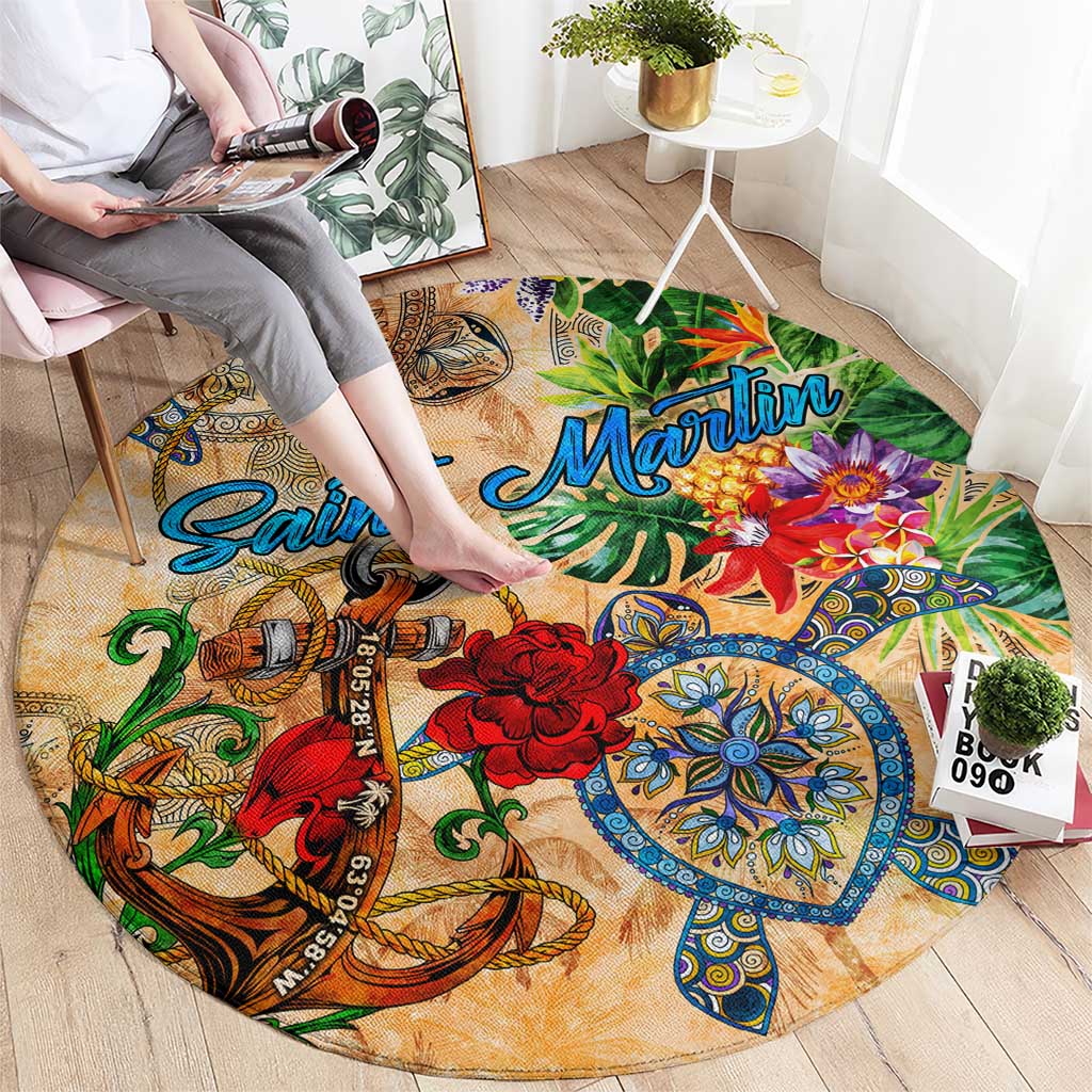 Saint Martin Round Carpet Geographic Coordinate Anchor - Turlte Tropical