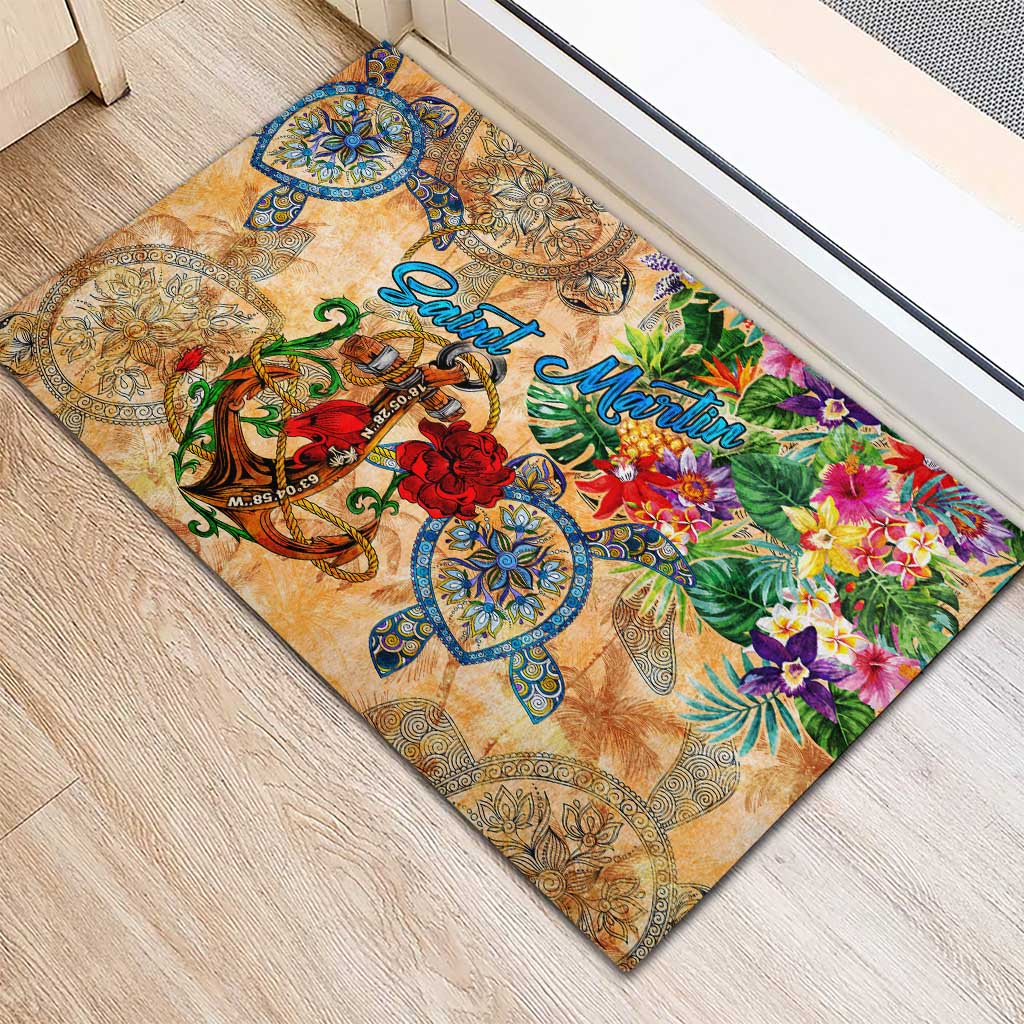 Saint Martin Rubber Doormat Geographic Coordinate Anchor - Turlte Tropical
