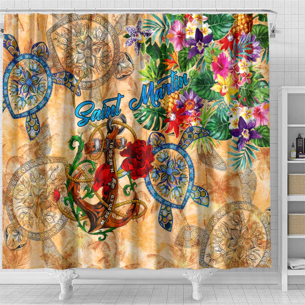 Saint Martin Shower Curtain Geographic Coordinate Anchor - Turlte Tropical