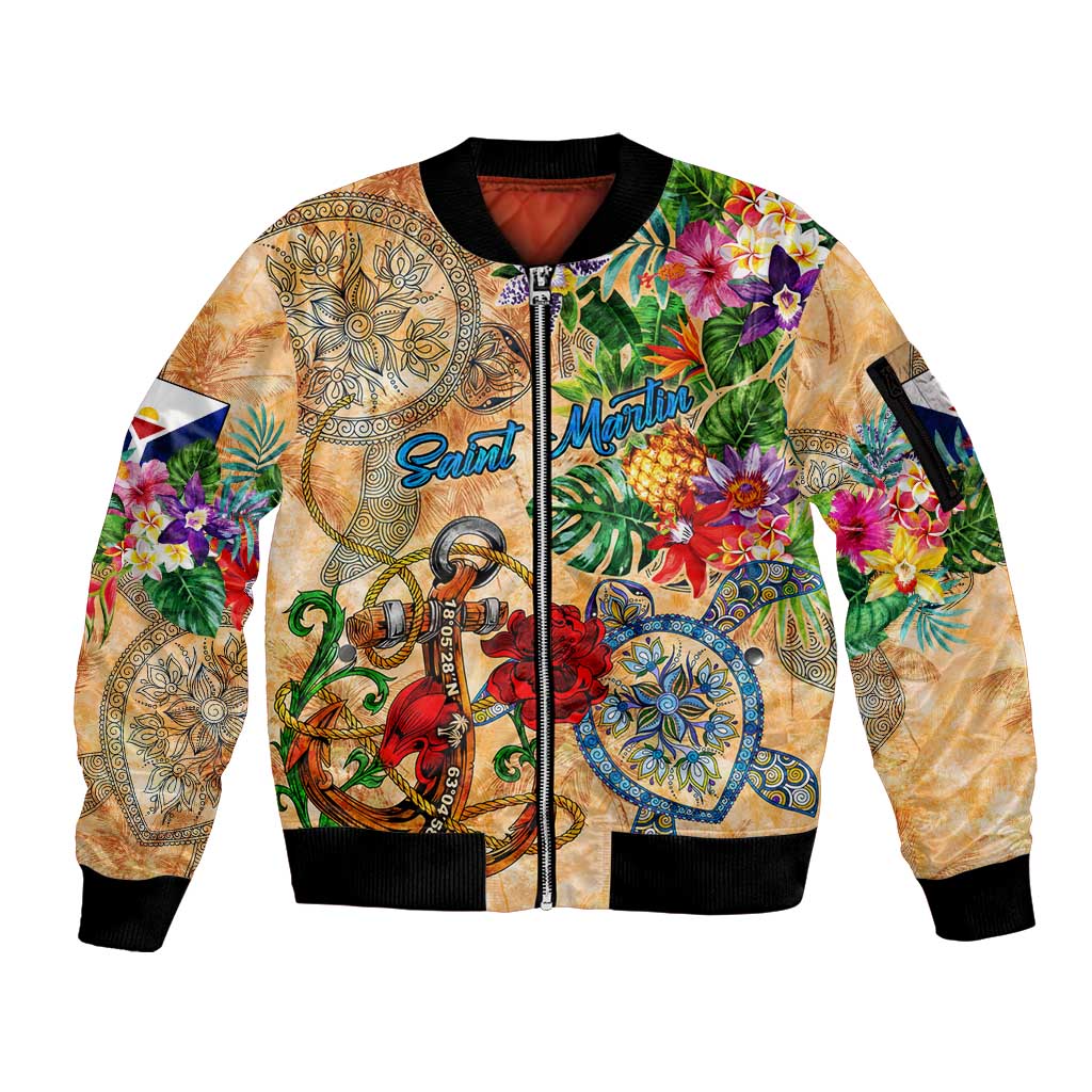 Saint Martin Sleeve Zip Bomber Jacket Geographic Coordinate Anchor - Turlte Tropical