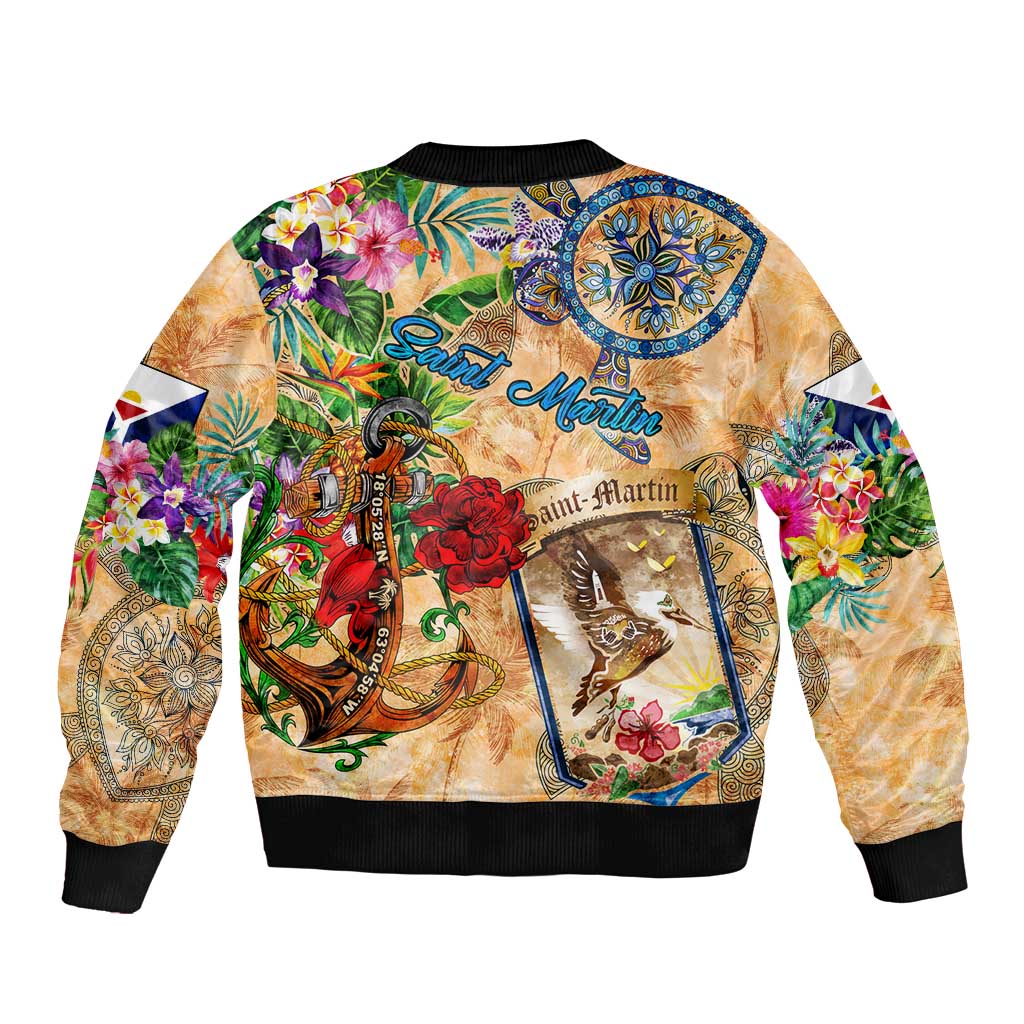 Saint Martin Sleeve Zip Bomber Jacket Geographic Coordinate Anchor - Turlte Tropical