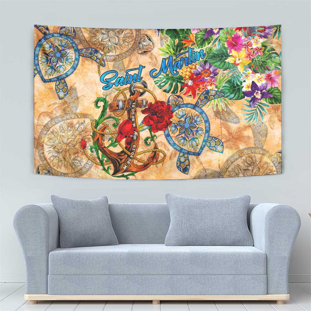 Saint Martin Tapestry Geographic Coordinate Anchor - Turlte Tropical