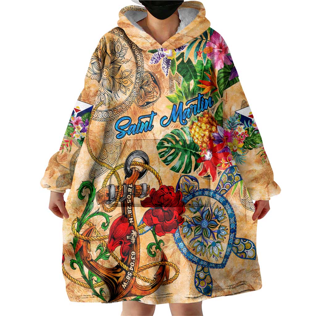 Saint Martin Wearable Blanket Hoodie Geographic Coordinate Anchor - Turlte Tropical