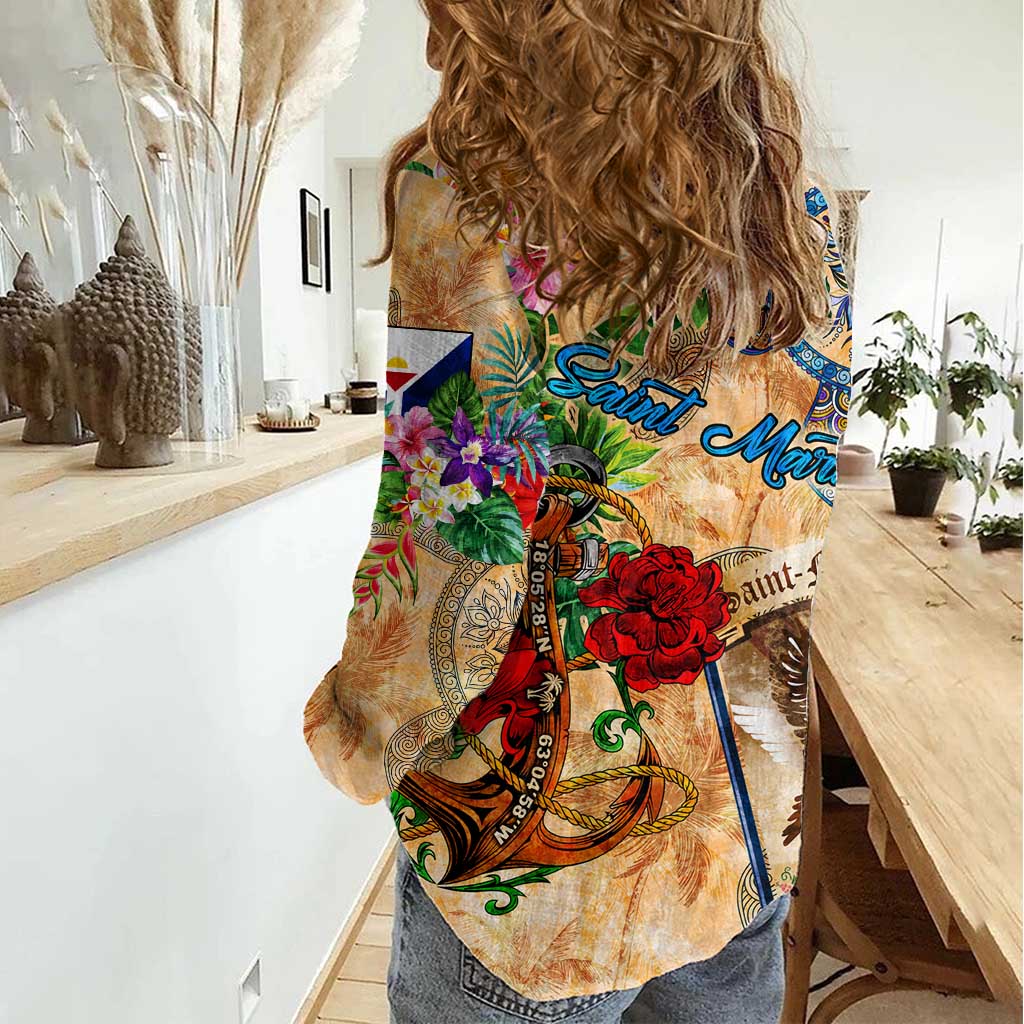 Saint Martin Women Casual Shirt Geographic Coordinate Anchor - Turlte Tropical