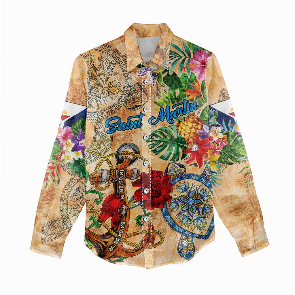 Saint Martin Women Casual Shirt Geographic Coordinate Anchor - Turlte Tropical