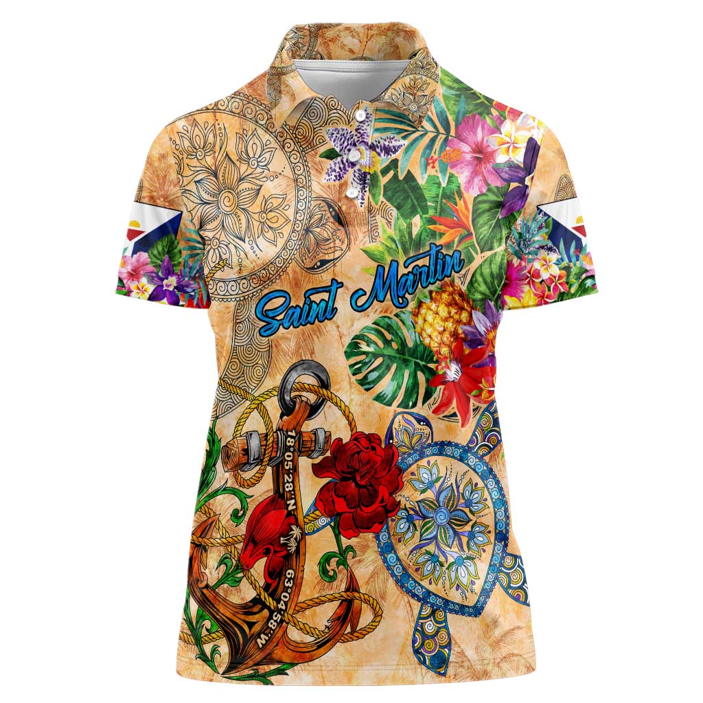 Saint Martin Women Polo Shirt Geographic Coordinate Anchor - Turlte Tropical