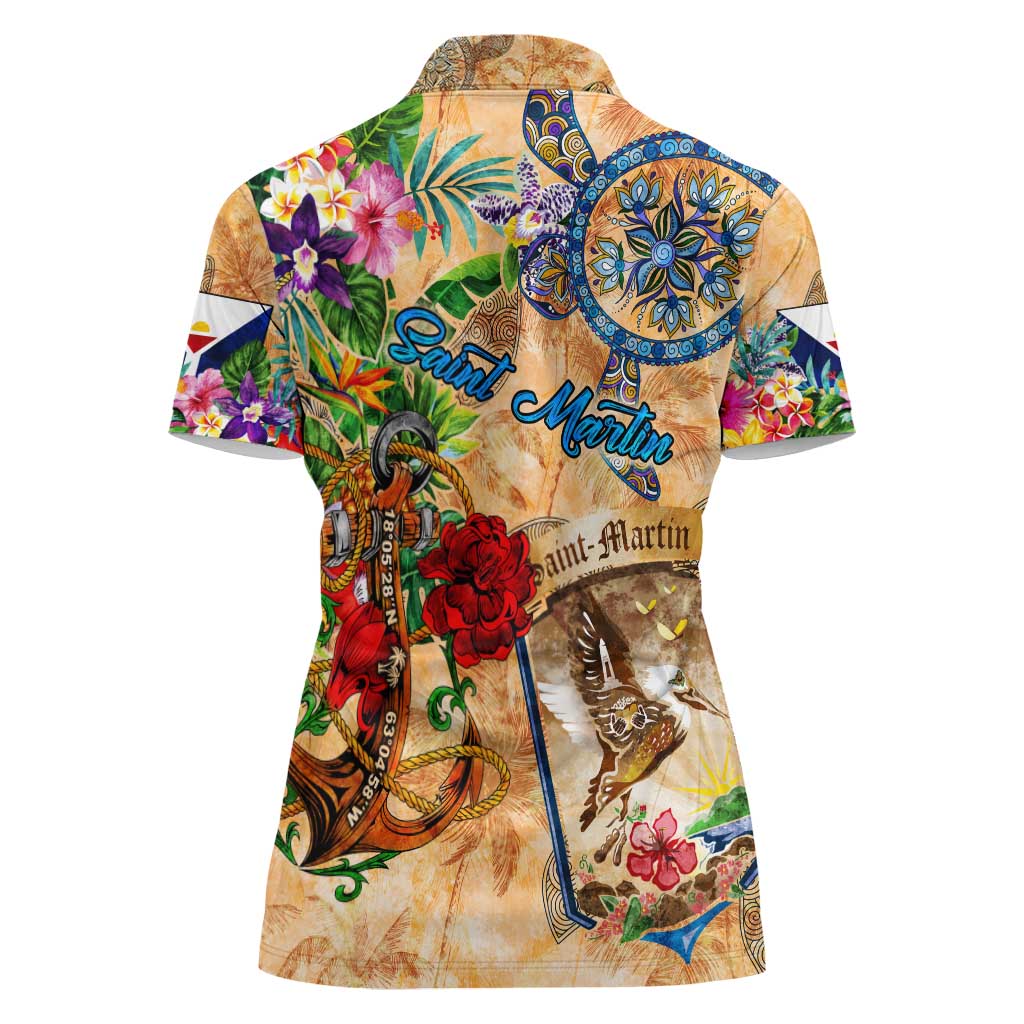 Saint Martin Women Polo Shirt Geographic Coordinate Anchor - Turlte Tropical